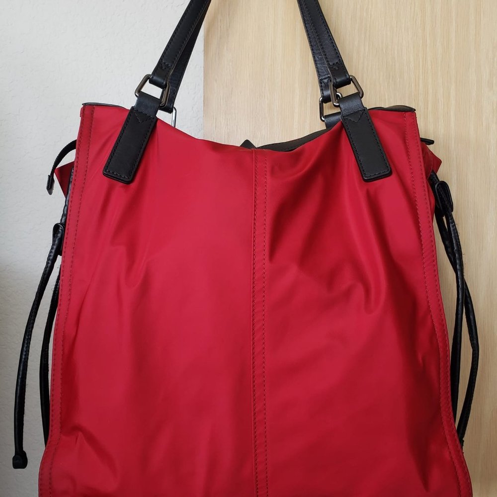 Burberry, Buckleigh Red Nylon/ Black Leather Tote w/  Side Toggles - Picture 3 of 15